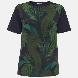 Moncler Navy Blue Jungle Printed Silk And Cotton Knit Top XS