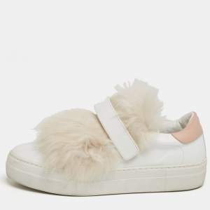 Moncler White Leather and Fur Victorie Slip-On Sneakers Size 39