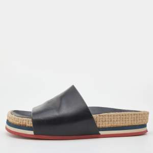Moncler Black Leather Evelyne Espadrille Slide Sandals Size 39