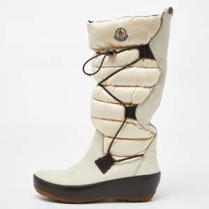Moncler Off White Satin and Leather Snow Boots Size 39