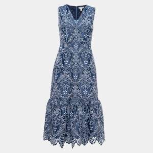 ML Monique Lhuillier Blue Floral Lave Flounce Midi Dress XS