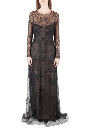 Monique Lhuillier Noir Black Embellished Long Sleeve Evening Gown S