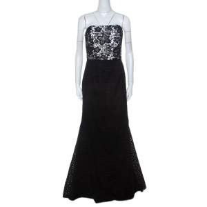 Monique Lhuillier Monochrome Floral Lace Bodice Detail Flared Strapless Gown L