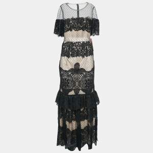 Monique Lhuillier Black Lace Short Sleeve Maxi Dress S
