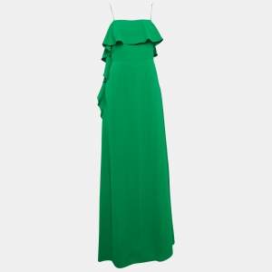 Monique Lhuillier Green Crepe Ruffled Maxi Slip Dress M