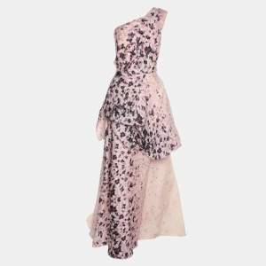 Monique Lhuillier Multicolor Floral Printed Silk One Shoulder Dress XL