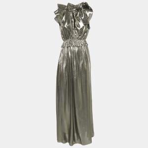 Pre Owned Monique Lhuillier Metallic Silk Lurex Ruffled Neck Tie-Up Detail Maxi Dress S