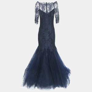 Monique Lhuillier Collection Navy Blue Floral Lace Layered Tulle Gown L