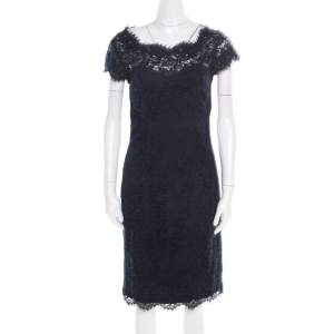 ML by Monique Lhuillier Navy Blue Lace Diamond Back Cap Sleeve Sheath Dress M
