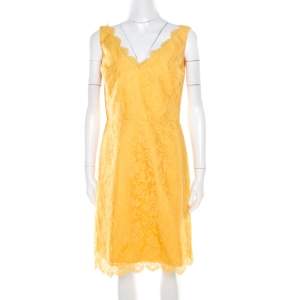 ML By Monique Lhuillier Yellow Floral Lace Scalloped Trim Detail V-Neck Dress M