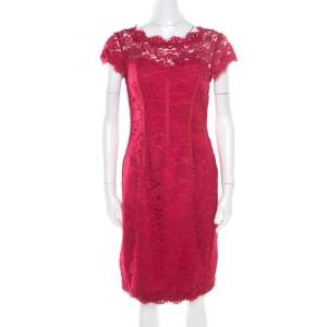 ML by Monique Lhuillier Pink Floral Lace Scalloped Trim Cut Out Back Detail Dress M