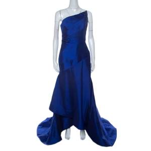 ML Monique Lhuillier Blue Beaded Detail Faille Trumpet Gown L 