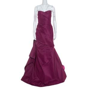 Monique Lhuillier Garnet Purple Silk Tufted Skirt Strapless Gown XL 