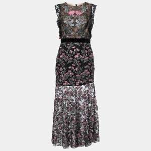 ML By Monique Lhuillier Black Floral Lace Sleeveless Gown L
