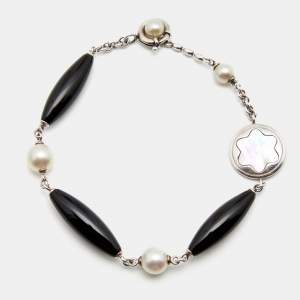 Pre Owned Montblanc Mother Of Pearl Onyx Sterling Silver Station Bracelet