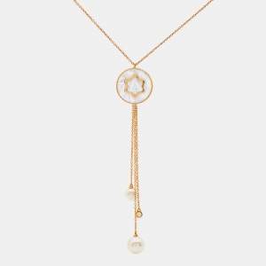 Montblanc Signet Mother of Pearl Diamond Cultured Pearl 18k Rose Gold Tassel Pendant Necklace