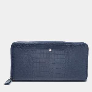 Montblanc Blue Croc Embossed Leather Meisterstuck Zip Around Wallet