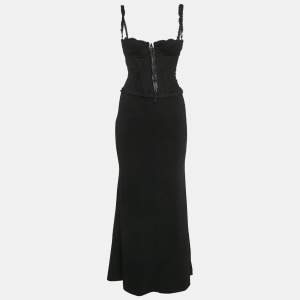 Pre Owned Moschino Cheap and Chic Black Lace Trim Stretch Crepe Lace-Up Corset Maxi Dress S