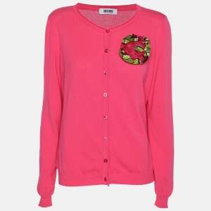 Moschino Cheap and Chic Pink Cotton Knit Floral Applique Front Button Sweater M
