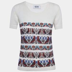 Pre Owned سويتر موسكينو شيب أند شيك موهير أبيض محبب بأكمام قميص مقاس متوسط (ميديم)