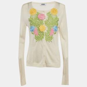 Pre Owned Moschino Cheap And Chic Cream Knit Floral Applique Detail Cardigan L