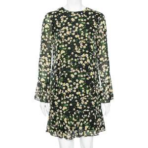 Pre Owned Moschino Cheap and Chic Black Floral Printed Silk Ruffle Detail Shift Dress S