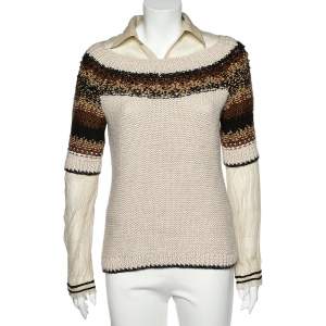 Moschino Cheap and Chic Cream Embellished Cable Knit Contrast Detail Sweater M