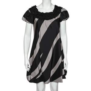 Moschino Cheap and Chic Monochrome Striped Silk Ruffled Neck Detail Mini Dress M