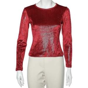Moschino Cheap and Chic Red Stretch Velvet Glitter Detail T-Shirt M