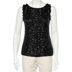 Pre Owned Moschino Cheap and Chic Black Sequined Ruffle Trim Tie Detail Sleeveless Top M