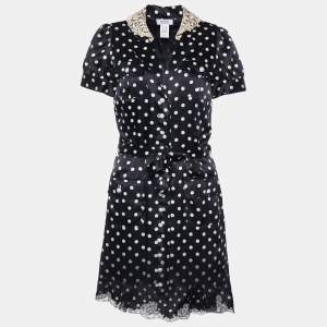 Pre Owned Moschino Cheap and Chic Black Polka Dot Silk Satin Belted Shirt Dress M