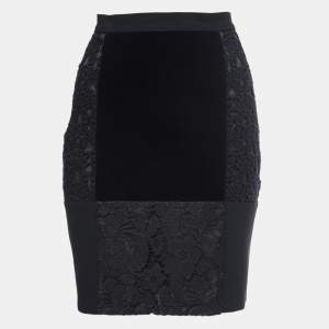 Pre Owned Moschino Cheap and Chic Black Velvet and Floral Lace Detail Knee Length Skirt M