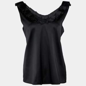 Moschino Cheap and Chic Black Sateen Pleated Neck Trim Tank Top M