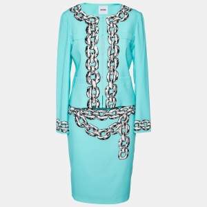 Moschino Cheap & Chic Turquoise Blue Crepe Chain printed Blazer & Mini Skirt Set S