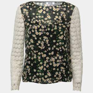 Moschino Cheap and Chic Black Floral Printed Crochet Sleeve Top S