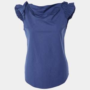 Moschino Cheap and Chic Navy Blue Cotton Ruffle Sleeve Detail Top S
