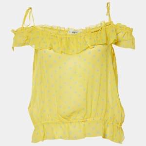 Moschino Cheap and Chic Yellow Polka Dot Printed Silk Ruffle Detail Top L
