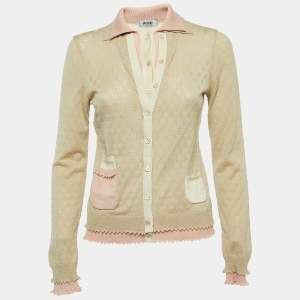 Moschino Cheap and Chic Beige/Pink Perforated Wool Knit Button Front Cardigan M