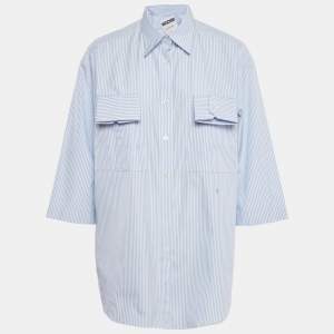 Pre Owned Moschino Couture Blue Striped Cotton Cuffed Pocket Shirt S