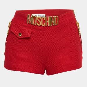 Moschino Red Textured Cotton Logo Metal Detail Shorts S