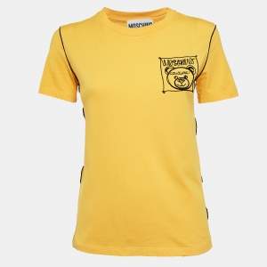 Moschino Couture Yellow Cotton Embroidered Crew Neck T-Shirt XS