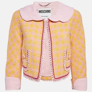 Moschino Couture Pink/Yellow Houndstooth Tweed Open Front Crop Jacket S