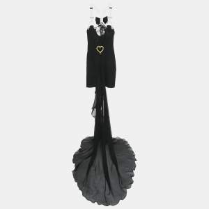 Moschino Couture Black Feather Trim Crepe and Silk Draped Detail Mini Dress S