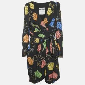 Moschino Couture Black Biker Bag Print Silk Wrap DressM