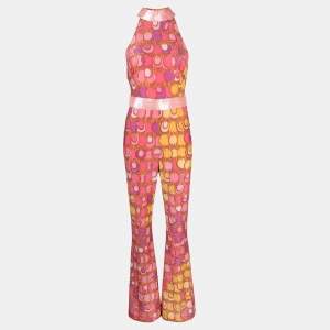 Pre Owned Moschino Couture Pink Printed Lurex Jersey Sequin Trim Jumpsuit XS