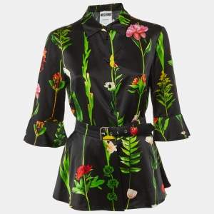 مملوكة مسبقًا Moschino Couture Black Floral Print Satin Belted Top M
