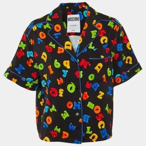 Pre Owned Moschino Couture Black Letter Print Crepe Short Sleeve Shirt L
