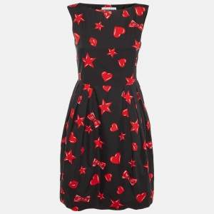 Pre Owned Moschino Couture Black Printed Cotton & Silk Mid Dress S