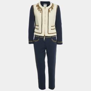 Pre Owned طقم جاكيت وبنطلون تويد وكريب بتفاصيل سلسلة أزرق كحلي موسكينو كوتور متوسط الحجم