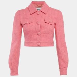 مملوكة مسبقًا Moschino Couture Pink Tweed Teddy Button Detail Crop Jacket XS